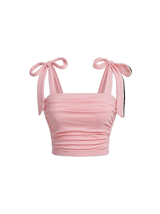 Maivah Solid Tie-Shoulder Ruched Crop Top