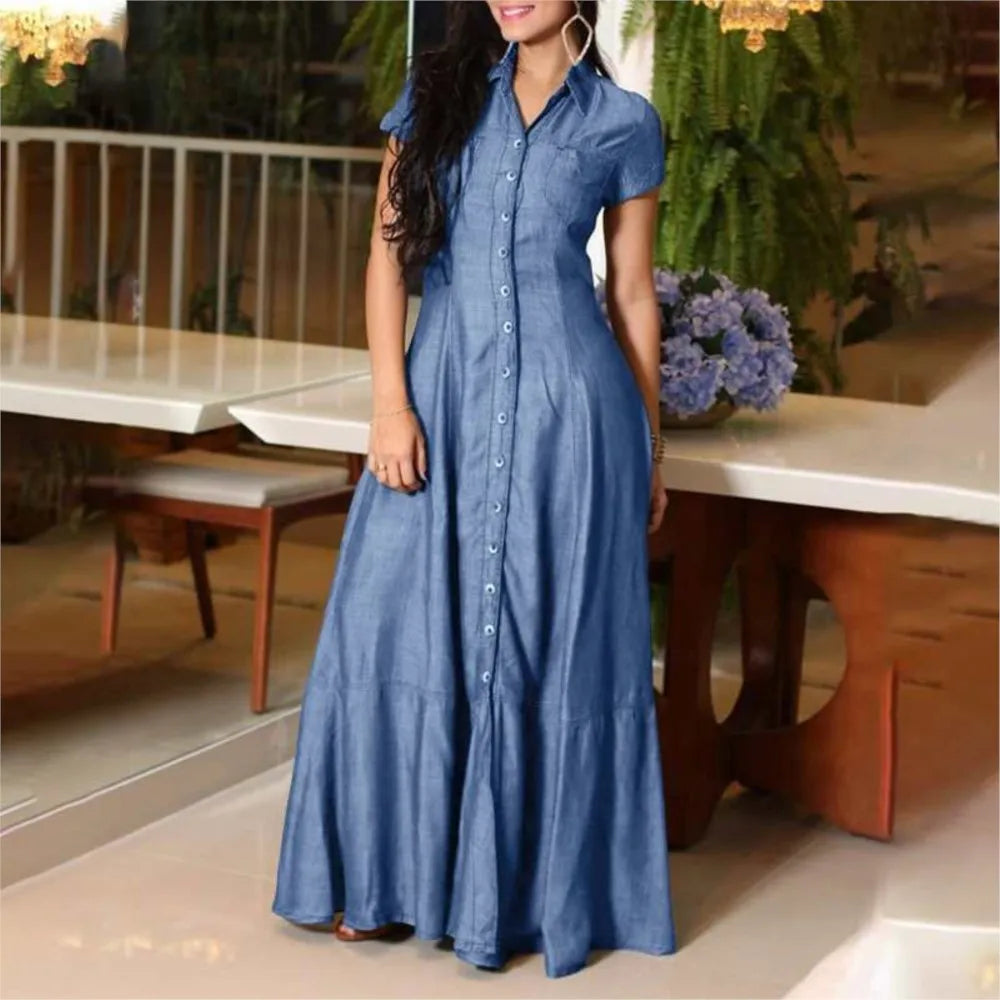 Maivah Lapel Pocket Swing Denim Shirt Dress