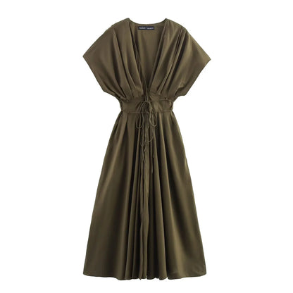 Maivah Vintage Draped V-Neck Midi Dress