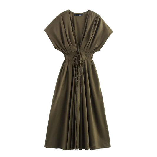 Maivah Vintage Draped V-Neck Midi Dress
