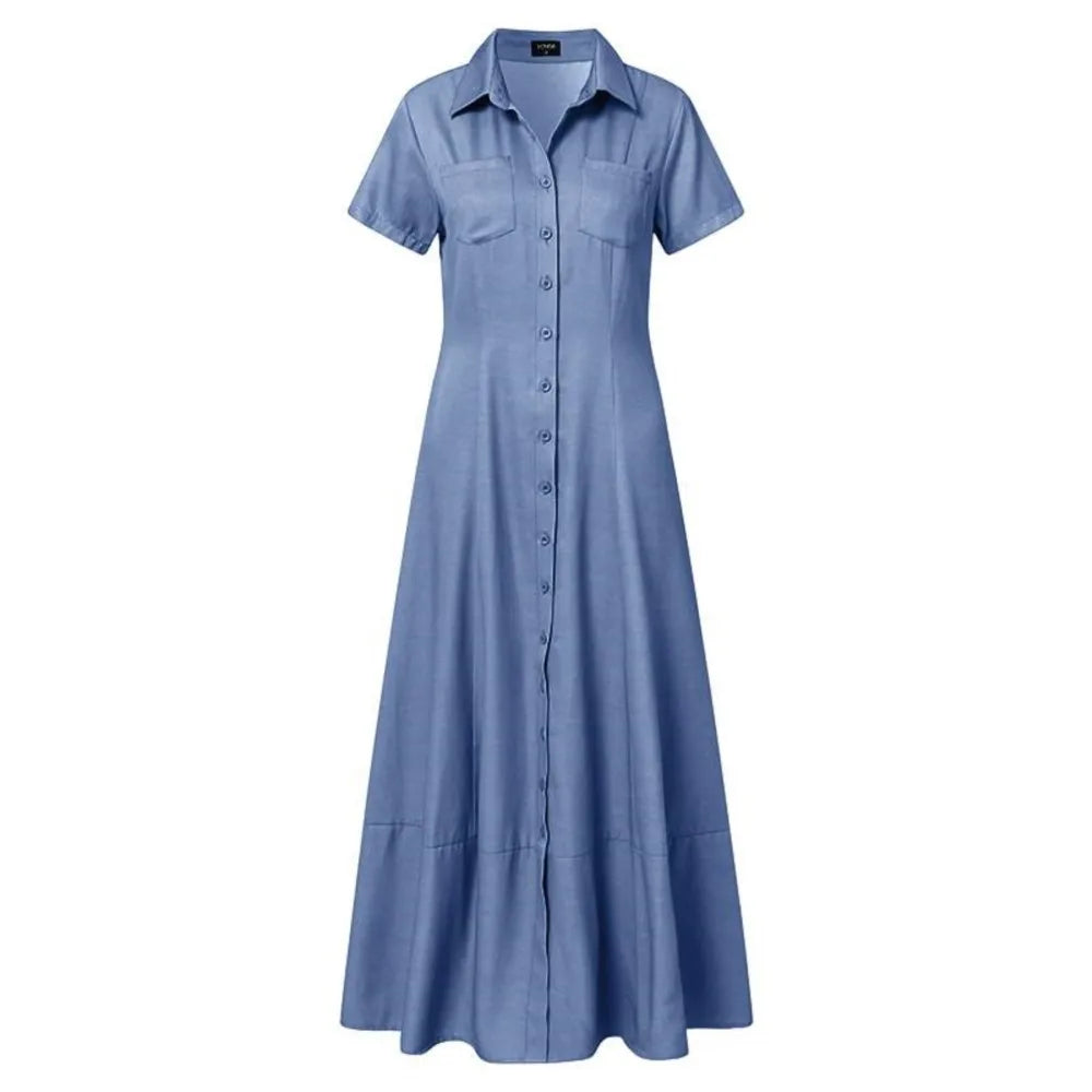 Maivah Lapel Pocket Swing Denim Shirt Dress