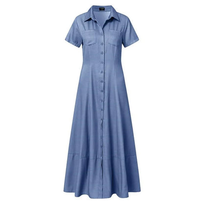 Maivah Lapel Pocket Swing Denim Shirt Dress