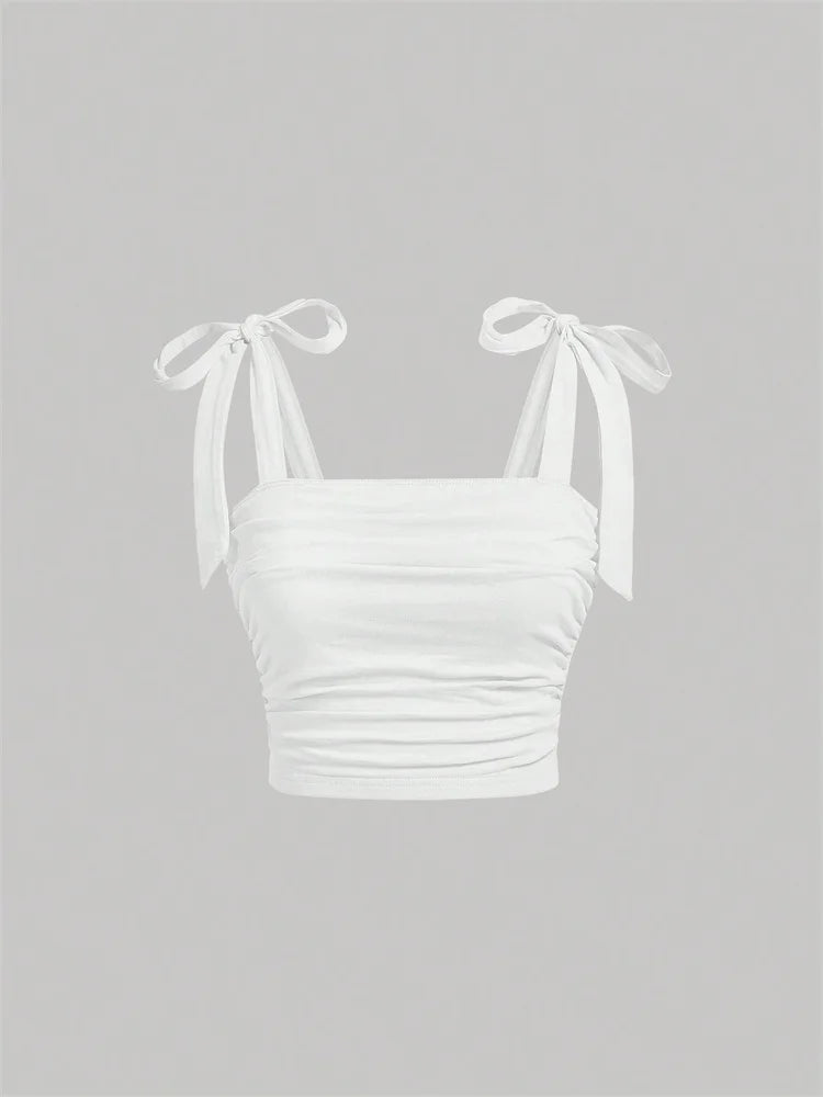 Maivah Solid Tie-Shoulder Ruched Crop Top